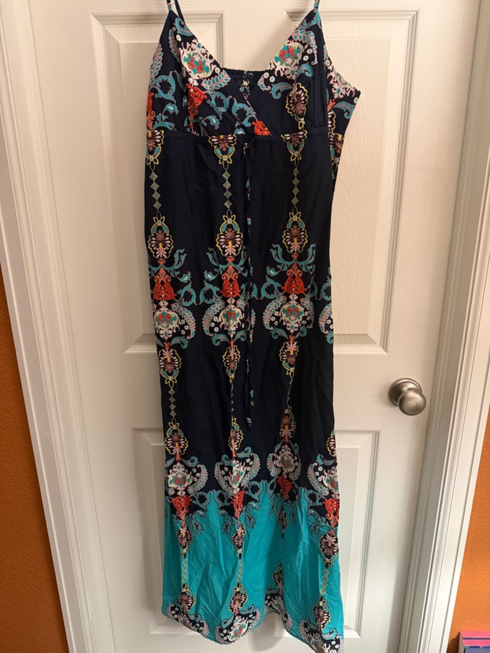 Vintage Navy Floral Maxi Dress with Teal and Coral Accents